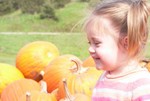 Just our pretty little girl (SO NOT our BABY anymore!), enjoying sitting in the pumpkin cart on a breezy October morning.